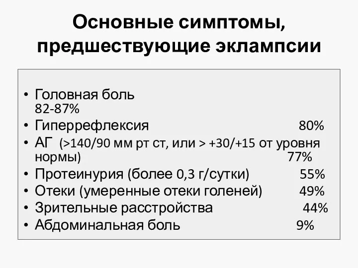 Основные симптомы, предшествующие эклампсии Головная боль 82-87% Гиперрефлексия 80% АГ