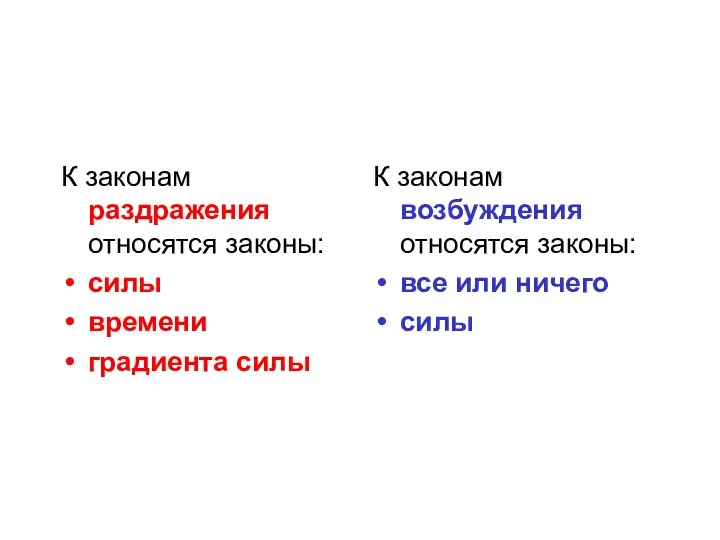 К законам раздражения относятся законы: силы времени градиента силы К