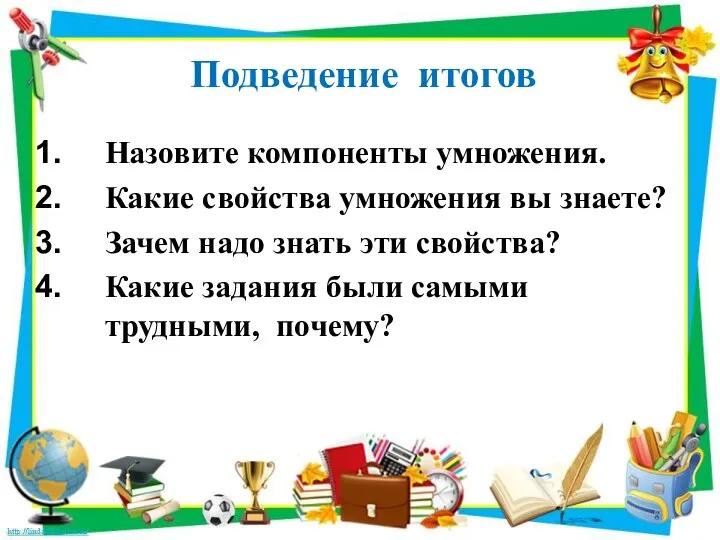 Подведение итогов Назовите компоненты умножения. Какие свойства умножения вы знаете?