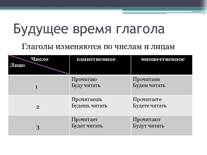 Будущее время глагола Глаголы изменяются по числам и лицам