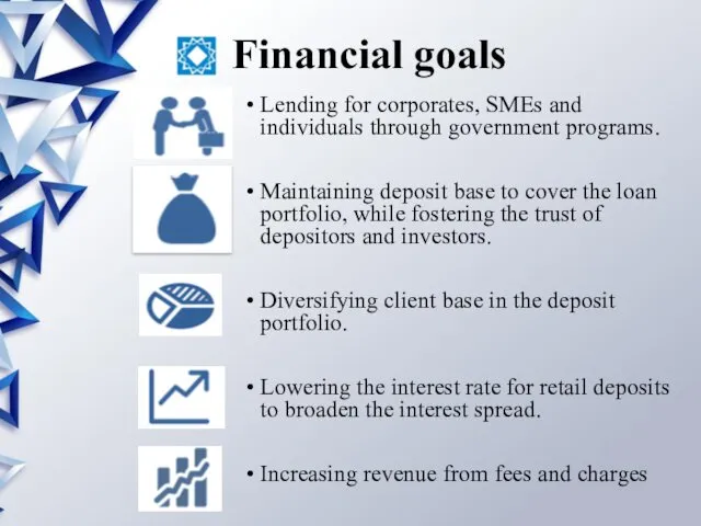 Financial goals Lending for corporates, SMEs and individuals through government