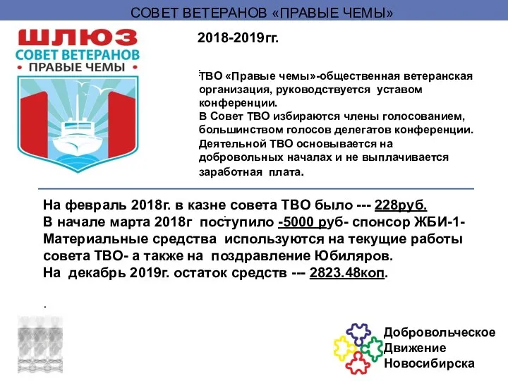 Место для фотографии 2018-2019гг. : ТВО «Правые чемы»-общественная ветеранская организация,