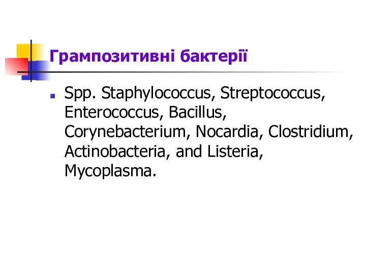 Грампозитивні бактерії Sрр. Staphylococcus, Streptococcus, Enterococcus, Bacillus, Corynebacterium, Nocardia, Clostridium, Actinobacteria, and Listeria, Mycoplasma.