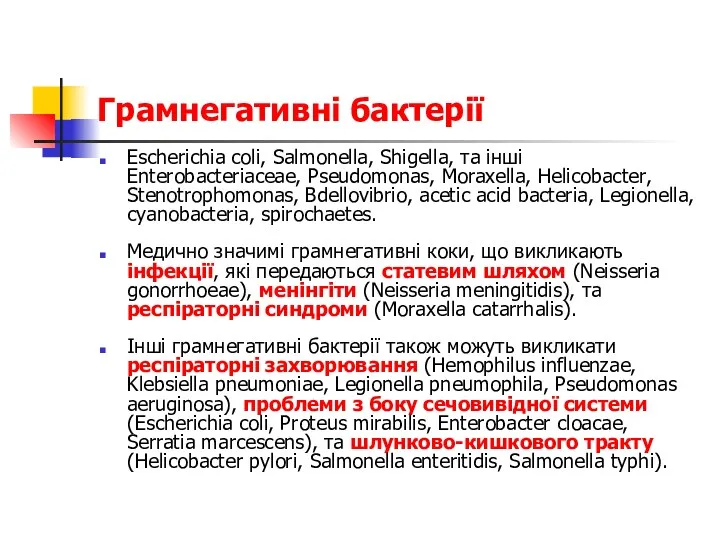 Грамнегативні бактерії Escherichia coli, Salmonella, Shigella, та інші Enterobacteriaceae, Pseudomonas,