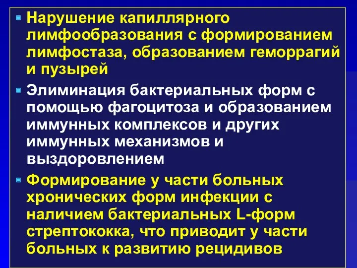 Нарушение капиллярного лимфообразования с формированием лимфостаза, образованием геморрагий и пузырей