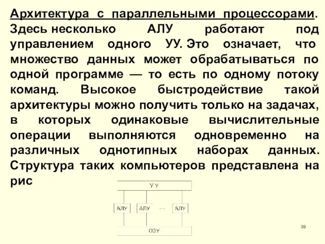 Архитектура с параллельными процессорами. Здесь несколько АЛУ работают под управлением