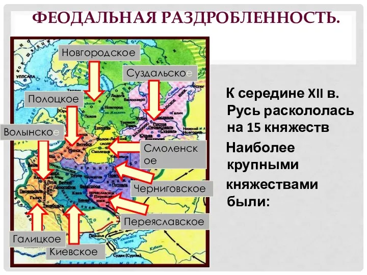 ФЕОДАЛЬНАЯ РАЗДРОБЛЕННОСТЬ. К середине XII в. Русь раскололась на 15 княжеств Наиболее крупными княжествами были: