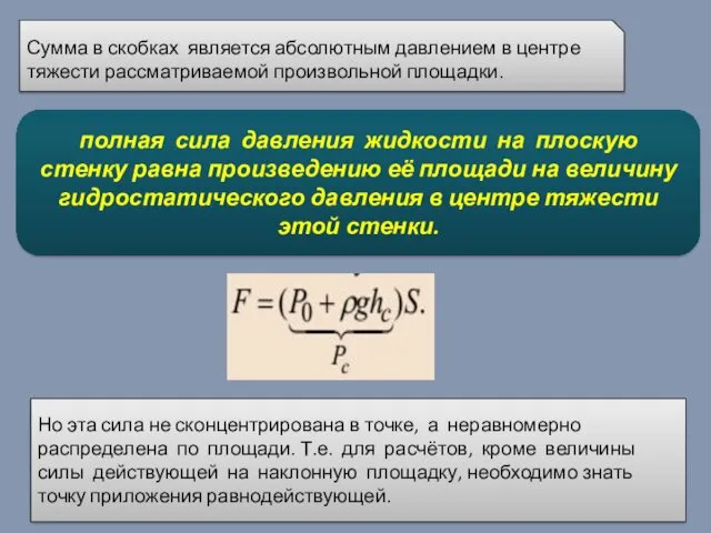 Сумма в скобках является абсолютным давлением в центре тяжести рассматриваемой