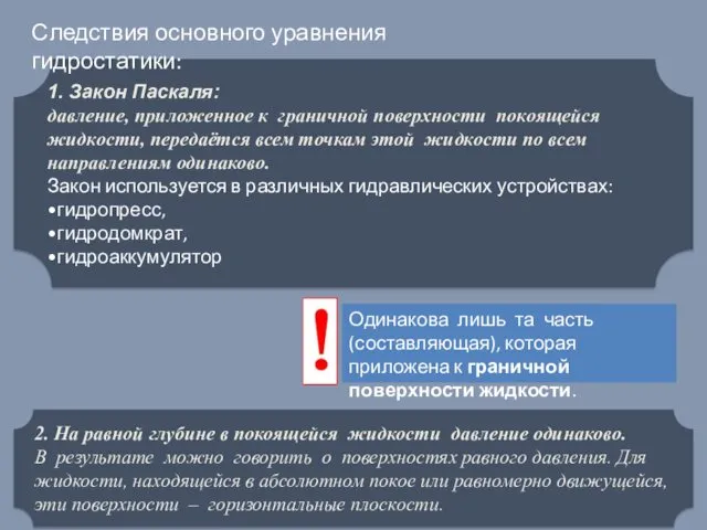 1. Закон Паскаля: давление, приложенное к граничной поверхности покоящейся жидкости,