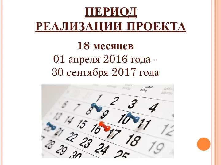 ПЕРИОД РЕАЛИЗАЦИИ ПРОЕКТА 18 месяцев 01 апреля 2016 года - 30 сентября 2017 года