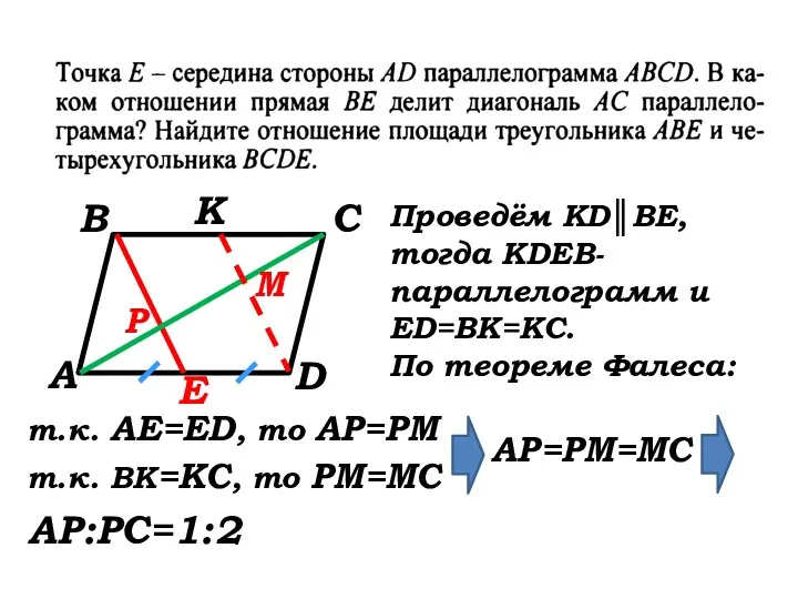 А В С D E K Р М Проведём KD║BE,