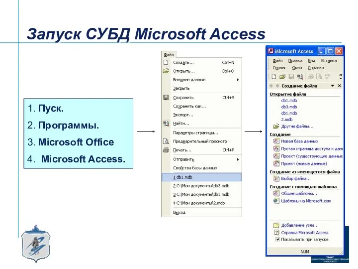 Запуск СУБД Microsoft Access 1. Пуск. 2. Программы. 3. Microsoft Office 4. Microsoft Access.