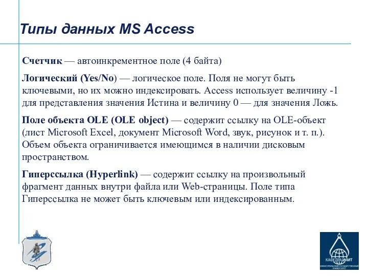 Типы данных MS Access Счетчик — автоинкрементное поле (4 байта)