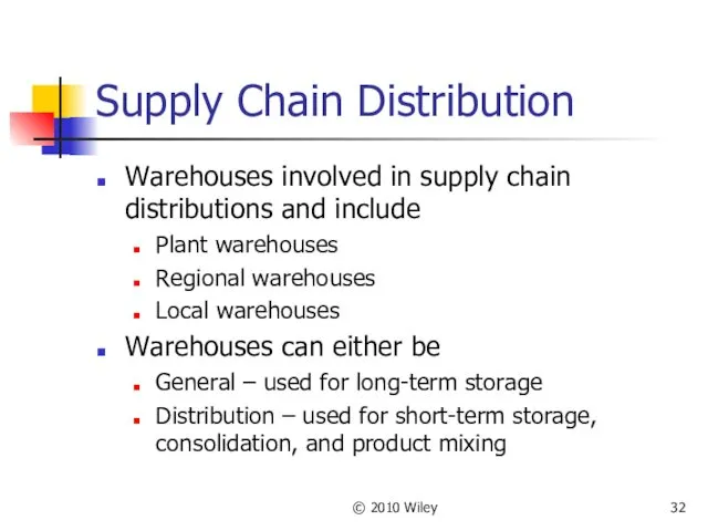 © 2010 Wiley Supply Chain Distribution Warehouses involved in supply