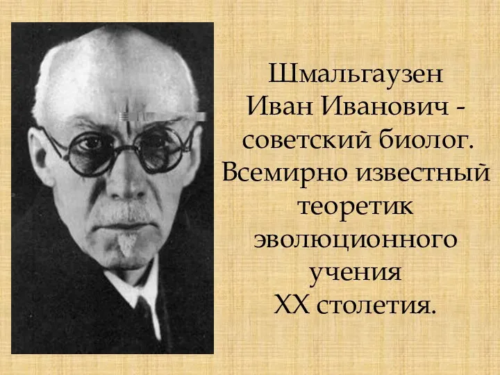 Шмальгаузен Иван Иванович - советский биолог. Всемирно известный теоретик эволюционного учения XX столетия.