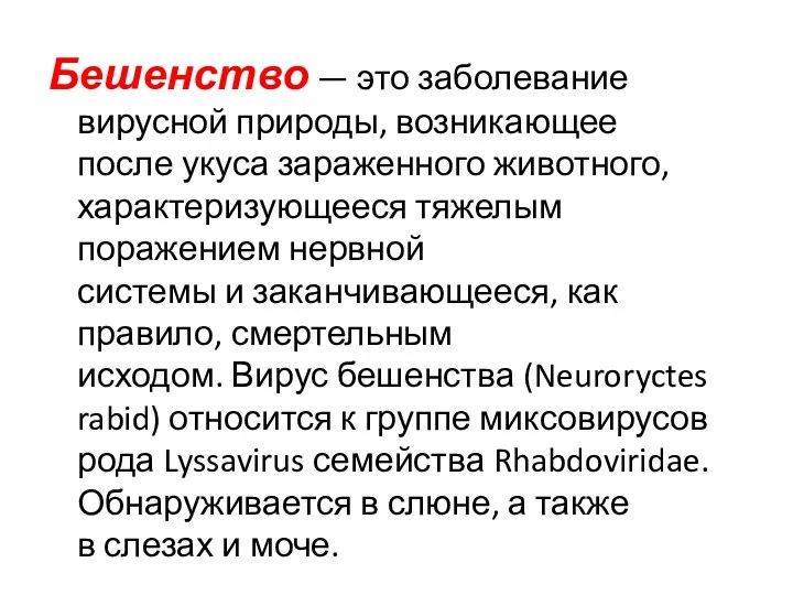 Бешенство — это заболевание вирусной природы, возникающее после укуса зараженного