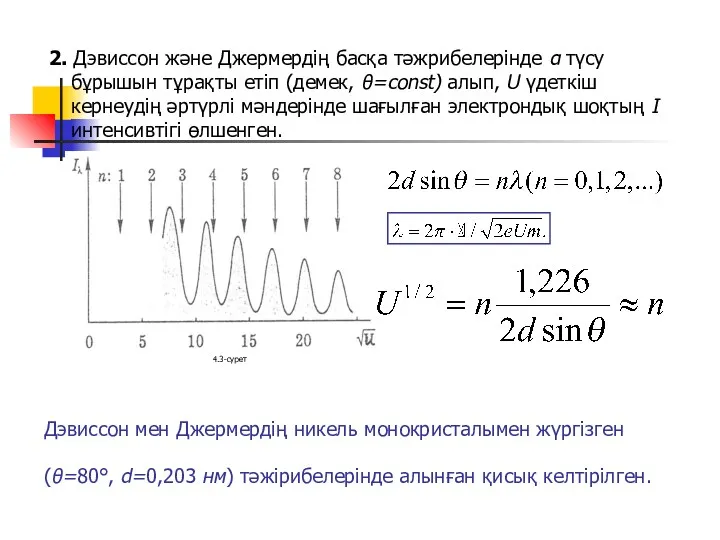 Дэвиссон мен Джермердің никель монокристалымен жүргізген (θ=80°, d=0,203 нм) тәжірибелерінде