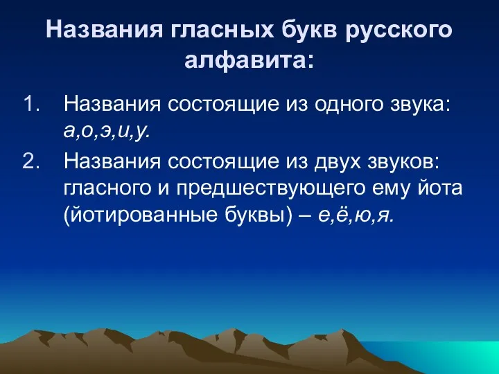 Названия гласных букв русского алфавита: Названия состоящие из одного звука: