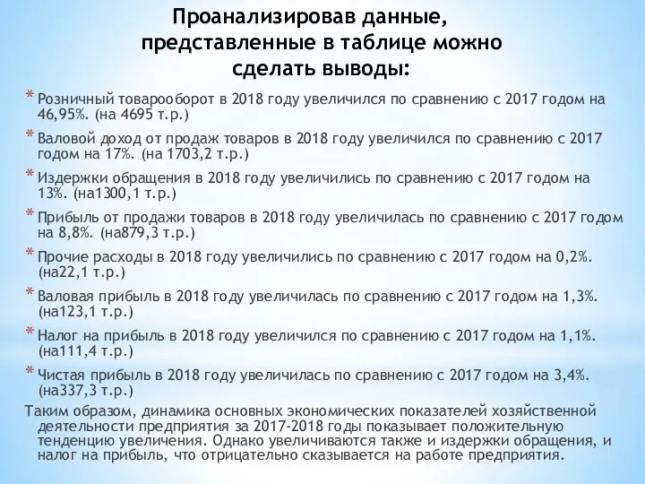 Проанализировав данные, представленные в таблице можно сделать выводы: Розничный товарооборот