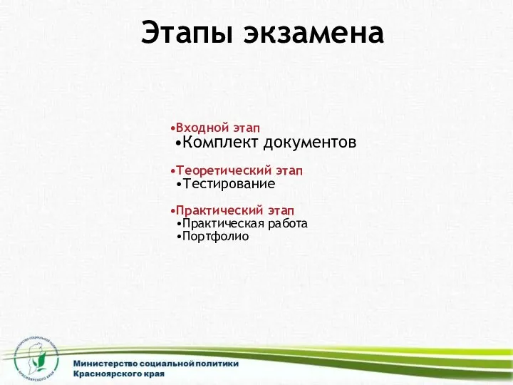 Этапы экзамена Входной этап Комплект документов Теоретический этап Тестирование Практический этап Практическая работа Портфолио