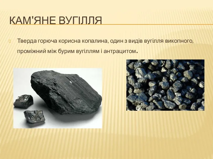 КАМ'ЯНЕ ВУГІЛЛЯ Тверда горюча корисна копалина, один з видів вугілля викопного, проміжний між