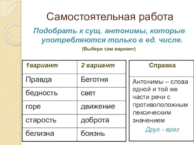 Самостоятельная работа Подобрать к сущ. антонимы, которые употребляются только в ед. числе. (Выбери сам вариант)