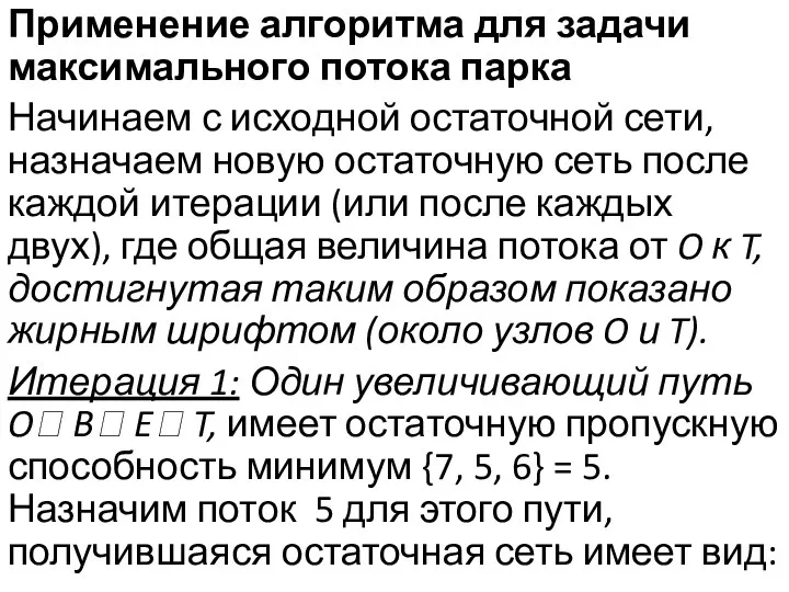 Применение алгоритма для задачи максимального потока парка Начинаем с исходной остаточной сети, назначаем