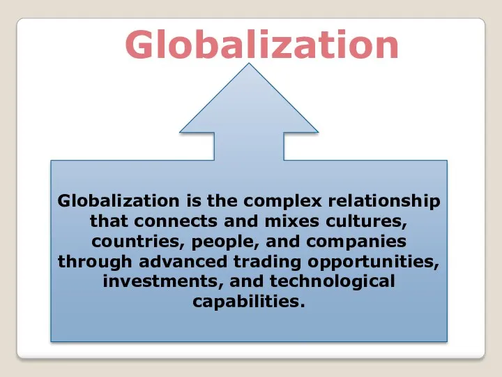Globalization Globalization is the complex relationship that connects and mixes cultures, countries, people,