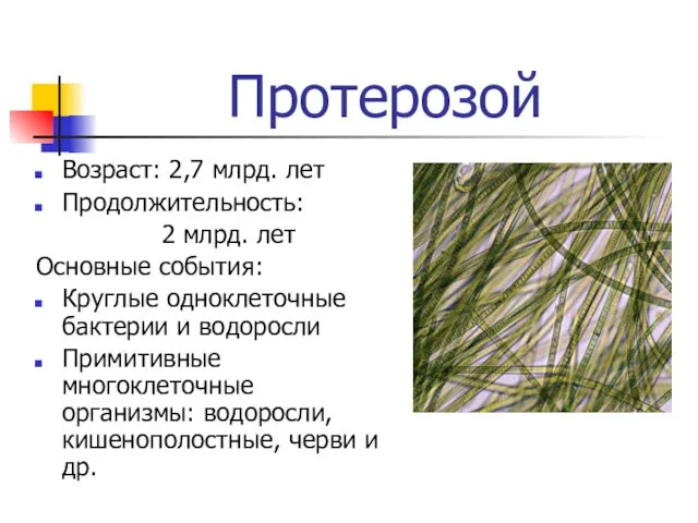 Протерозой Возраст: 2,7 млрд. лет Продолжительность: 2 млрд. лет Основные