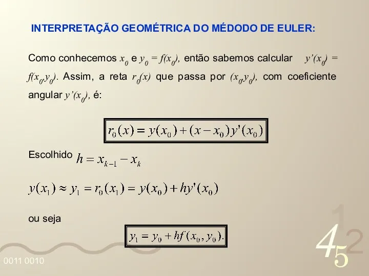 Como conhecemos x0 e y0 = f(x0), então sabemos calcular y’(x0) = f(x0,y0).