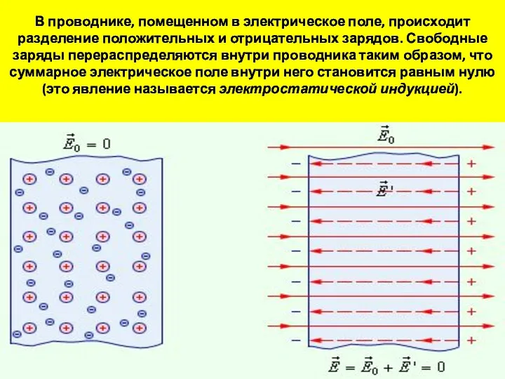 В проводнике, помещенном в электрическое поле, происходит разделение положительных и