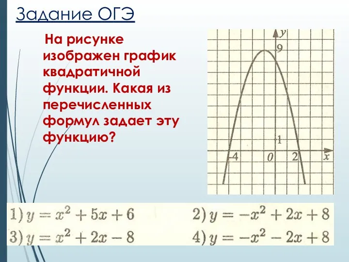 Задание ОГЭ На рисунке изображен график квадратичной функции. Какая из перечисленных формул задает эту функцию?