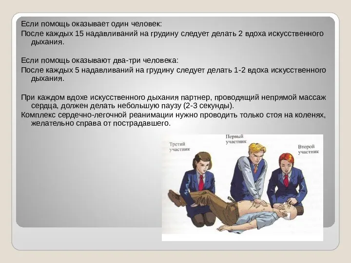 Если помощь оказывает один человек: После каждых 15 надавливаний на