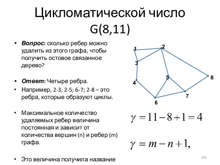 Цикломатической число G(8,11) Вопрос: сколько ребер можно удалить из этого