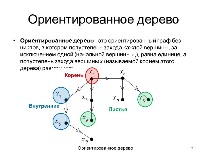 Ориентированное дерево Ориентированное дерево - это ориентированный граф без циклов,