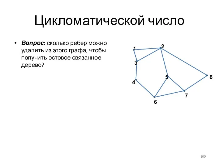 Цикломатической число Вопрос: сколько ребер можно удалить из этого графа, чтобы получить остовое связанное дерево?