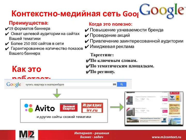 Контекстно-медийная сеть Google Преимущества: 19 форматов баннера Охват целевой аудитории