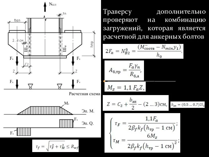 Траверсу дополнительно проверяют на комбинацию загружений, которая является расчетной для анкерных болтов