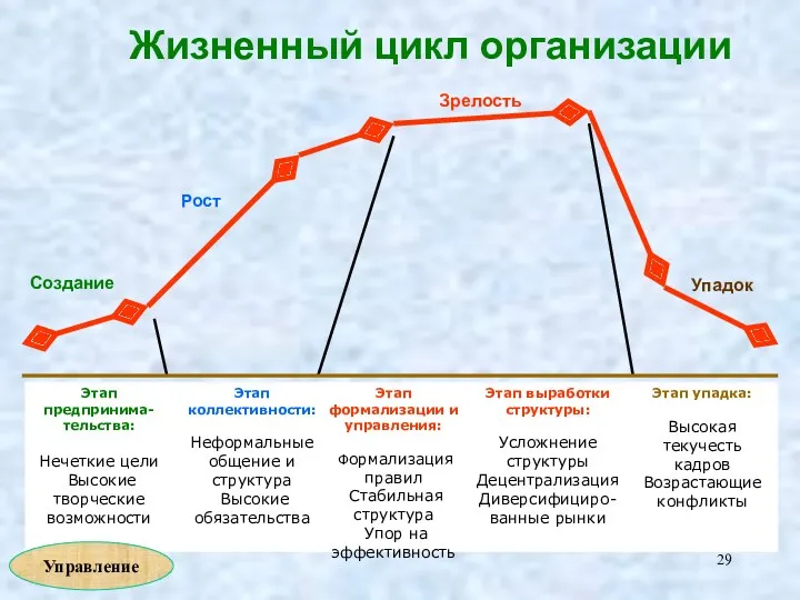 Жизненный цикл организации Этап предпринима- тельства: Нечеткие цели Высокие творческие