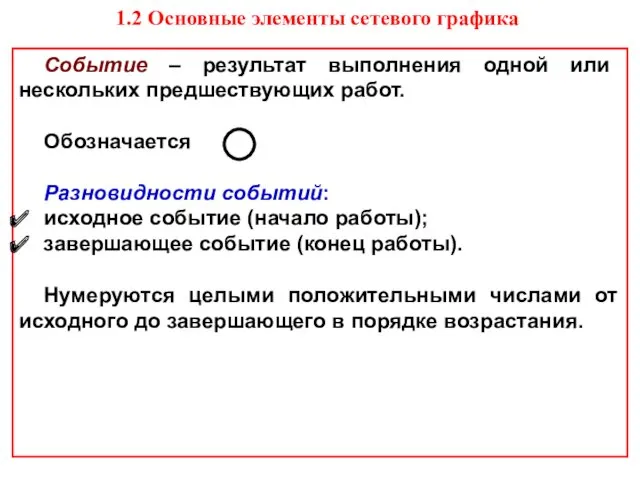 1.2 Основные элементы сетевого графика Событие – результат выполнения одной