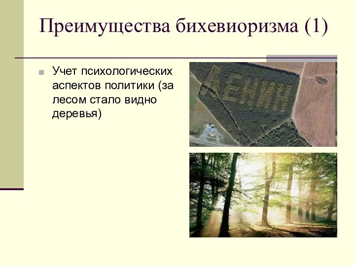 Преимущества бихевиоризма (1) Учет психологических аспектов политики (за лесом стало видно деревья)