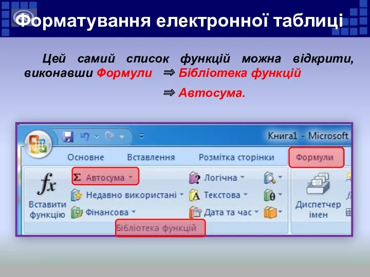 Форматування електронної таблиці Цей самий список функцій можна відкрити, виконавши Формули ⇒ Автосума. ⇒ Бібліотека функцій