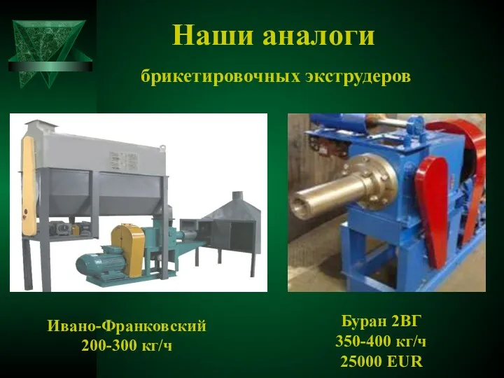 Наши аналоги брикетировочных экструдеров Ивано-Франковский 200-300 кг/ч Буран 2ВГ 350-400 кг/ч 25000 EUR