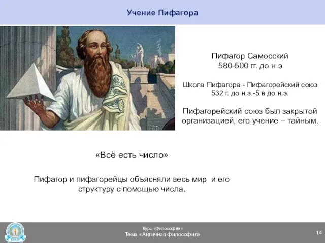 Учение Пифагора Пифагор Самосский 580-500 гг. до н.э Школа Пифагора
