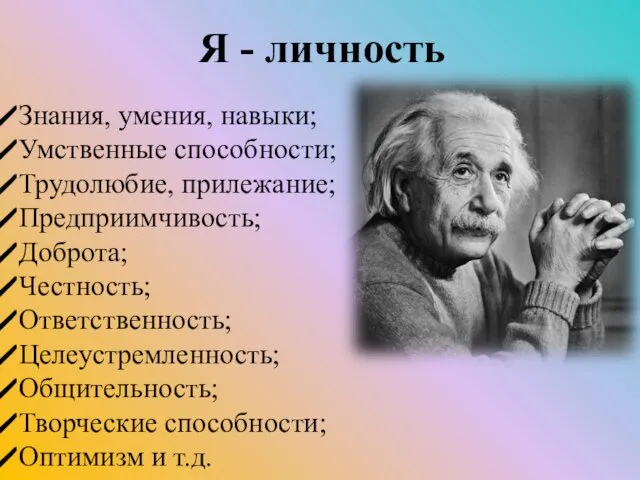 Знания, умения, навыки; Умственные способности; Трудолюбие, прилежание; Предприимчивость; Доброта; Честность;