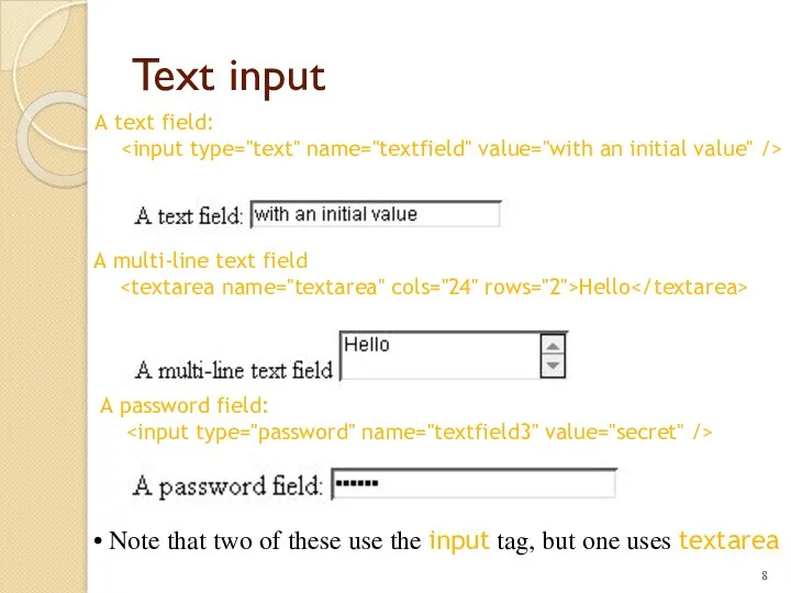 Text input A text field: A multi-line text field Hello A password field: