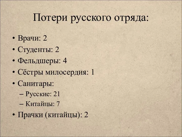 Потери русского отряда: Врачи: 2 Студенты: 2 Фельдшеры: 4 Сёстры