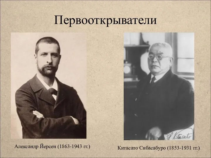 Первооткрыватели Александр Йерсен (1863-1943 гг.) Китасато Сибасабуро (1853-1931 гг.)