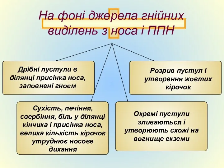 Дрібні пустули в ділянці присінка носа, заповнені гноєм Розрив пустул і утворення жовтих