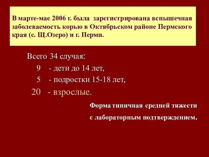 В марте-мае 2006 г. была зарегистрирована вспышечная заболеваемость корью в